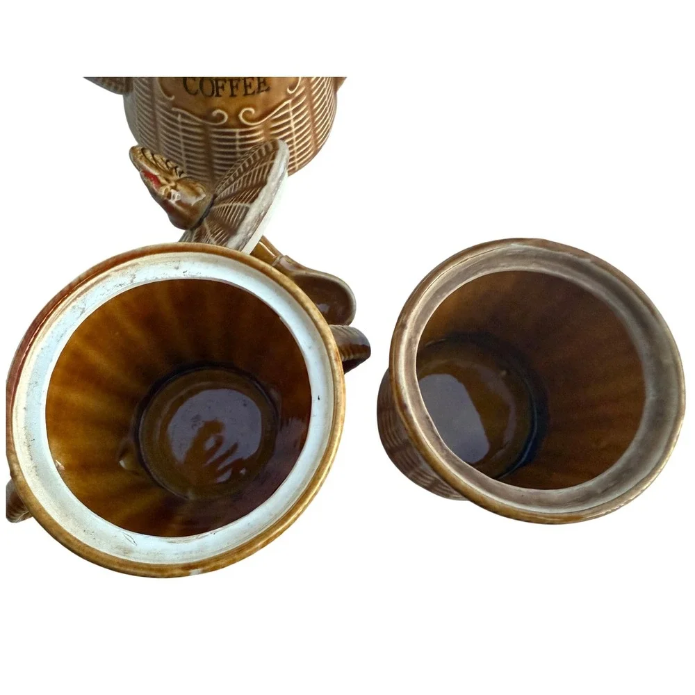 Vintage‎ Rooster Basketweave Ceramic Coffee Pot Sugar Bowl & Jam Jar Set Brown